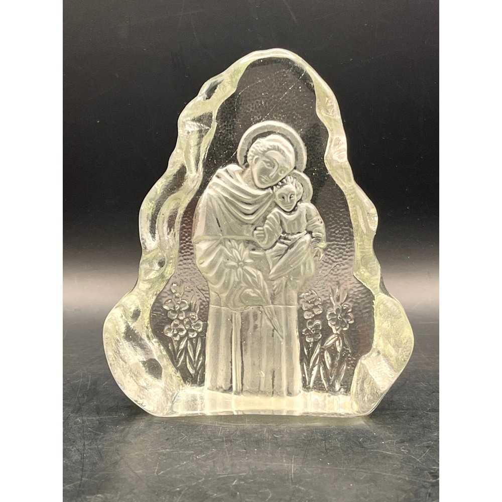 St. Anthony & Child Religious‎ Figure Clear Glass Paperweight Decoration 4" Tall